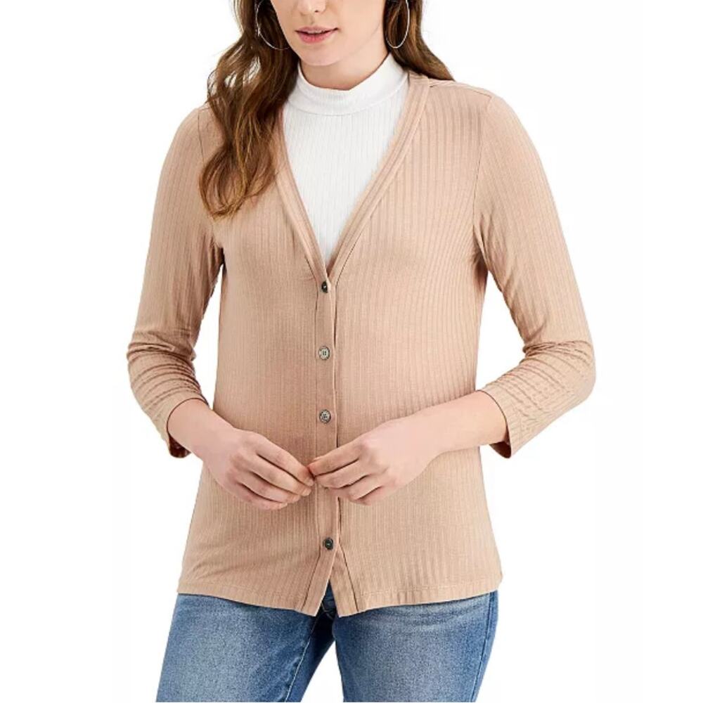 Fever Tan Ribbed Knit 3/4 Sleeve Button Front Cardigan Shirt Womens XS New